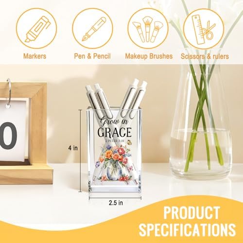 Grow In Grace Acrylic Cosmetic Pencil Pen Holder Cup, Inspirational Christian Gifts for Mom Grandma Daughter Niece Aunt BFF Women, Graduation Gifts for Daughter Niece, Spiritual Growth Present