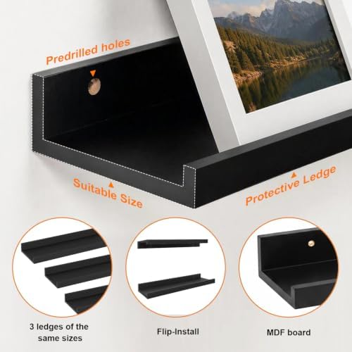 72inch Long Floating Shelves for Wall Decor, 3-Set Shelves with Lip, Black