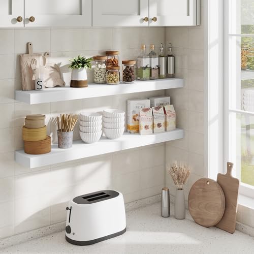 Fun Memories 40 Inch Floating Shelves, Long Wood Wall Shelf Set of 2 with Invisible Brackets, for Bathroom, Living Room,