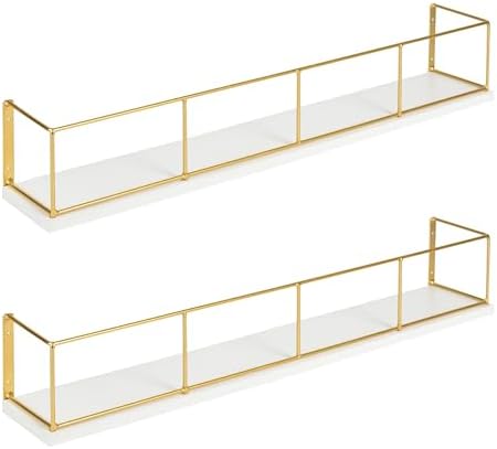 Kate and Laurel Benbrook 24 inch 2-Pack Wood and Metal Floating Wall Shelves, White and Gold