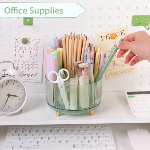 SKYDUE Rotating Pencil Pen Holder, Pen Organizer with 5 Slots - Aesthetic Desk Organizer and Accessories for School, Home, Office Supplies, Clear Green