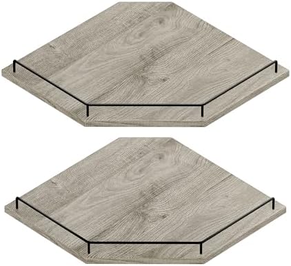 JJL Corner Shelf Wall Mounted, 12 Inches 2-Tier Floating Corner Shelf, Hexagon Rustic Wood Decor with Fence, Gray Wood G