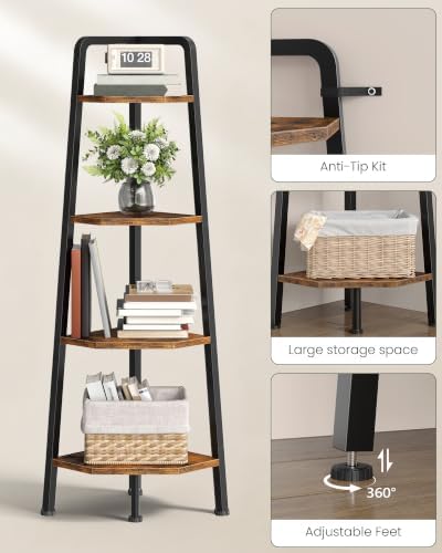 CHOEZON Corner Shelf, 4-Tier Ladder Corner Shelf, Ladder Bookshelf, 47.2" Tall Vertical Display Stand, Metal Frame Books