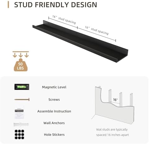Acovy 36 inch Picture Ledge Shelf, Wood Floating Shelves, Black, Set of 2