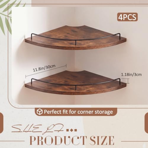 Novabright Corner Floating Shelf Set of 4 Rustic Brown Wood 12 Inches