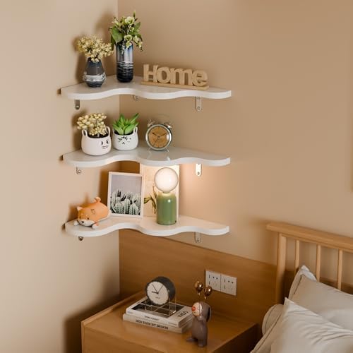 Cute Cloud Corner Shelves - Set of 3 White Wooden Floating Corner Shelves Wall Mounted, 90-Degree Space-Saving Nursery S