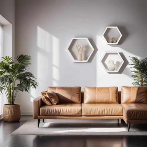 ROSE BLOOM Set of 3 White Wood Hexagon Shelves for Wall Decor - Farmhouse Honeycomb Shelves for Living Room Decor, Kitch