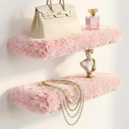 Furry Floating Shelves for Wall,2 Pack Wood Shelf with Plush Soft Shag Cover, Wall Mounted Shelves for Bedroom, Living R
