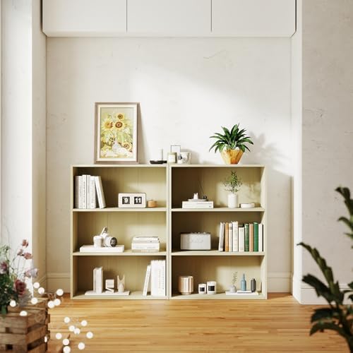 Wood Standing Book Shelf, Three Tier Open Shelf Bookcase, Wide Bookshelf for Living Room, Office, Bedroom, Milky White
