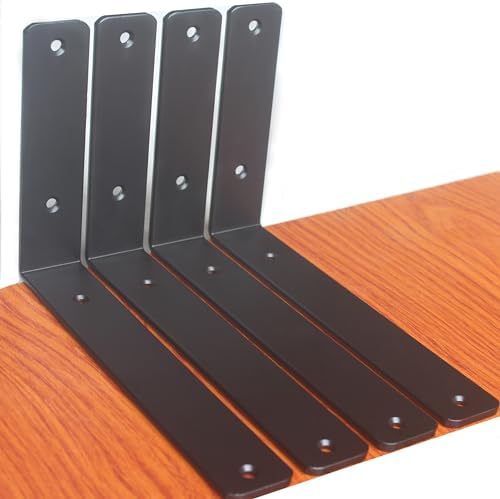 4 Pack - L 9" x H 6" x W1.5, 5mm Thick Black L Shelf Bracket, Iron Shelf Brackets, Metal Shelf Brackets, Floating Shelf,