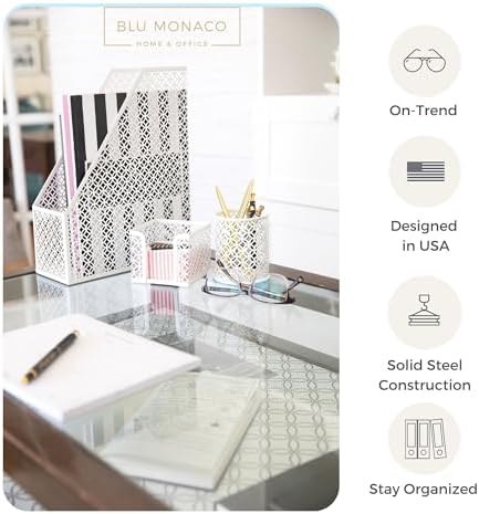 BLU MONACO | White Desk Organizer Set 6 Piece | Mail Sorter Organizer Countertop with Letter Sorter for Desk | Standing File Organizer for Desk with Pen Holders