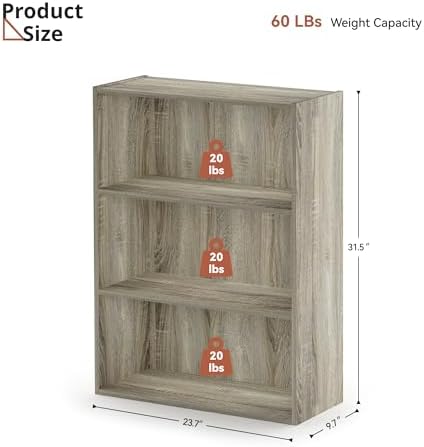 Wood Modern Bookshelf with 3 Display Shelves, Three-Tier Wooden Standing Bookcase, Bookshelf with Rustic Wood Shelves fo