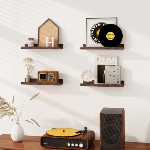Dreamland Picture Ledge Shelf for Wall, Floating Shelves Set of 4,16 inch Long Floating Shelves with Lip for Living Room,Bedroom,Bathroom,Kitchen,Walnut