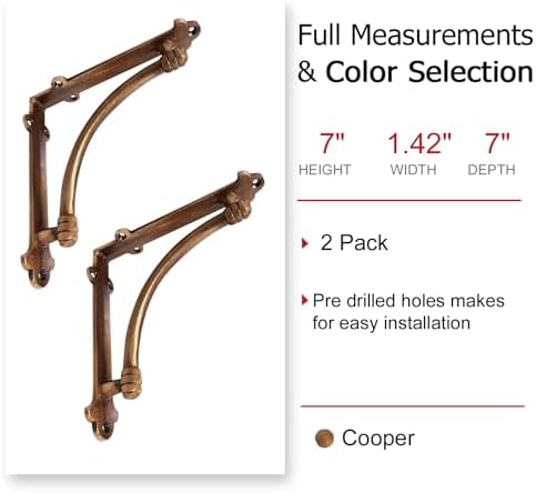 NACH Decorative Shelf Brackets, 2 Pack of 7 x 1.5 x 7 inch Copper Cast Iron Shelf Brackets - Decorative Brackets for Mou