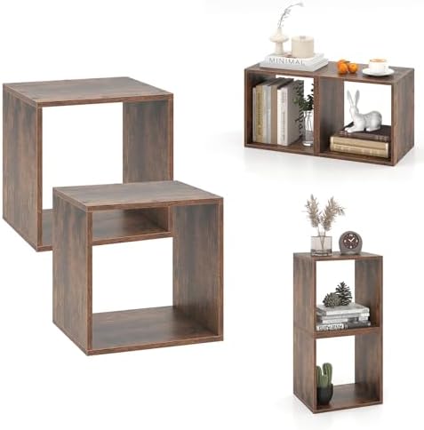 GIANTEX 2 Cube Bookshelf Organizer, 2-Tier Stackable Cube Storage Organizer, Small Wooden Open Book Shelf with Anti-topp