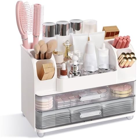 Makeup Organizer for Vanity with 2 Large Drawers and 6 Brush Holders, White