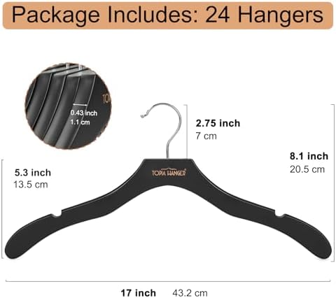 TOPIA HANGER Wooden Hangers for Women, Premium Sweater Hangers No Shoulder Bump, 360° Swivel Hook and Cut Notches Clothes Hangers for Sweater, Coat, Shirts, Hoodies, Dress, 24 Pack Black CT85B