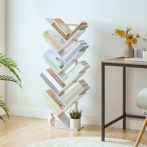 HOOBRO Tree Bookshelf, 9-Tier Bookcase Wooden Shelves, Floor Standing Storage Rack, for Display of CDs, Books in Living 