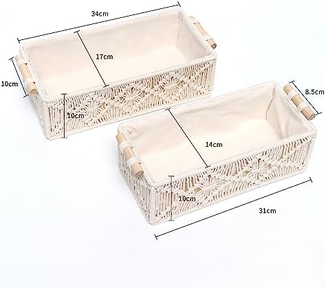 Macrame Storage Baskets Boho Decor Box for Organizing, Handmade Woven Decorative Basket for Countertop Toilet Tank Shelf