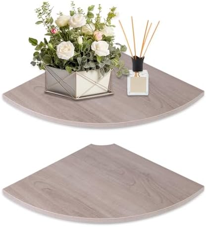 JJL Corner Wall Shelf, 12-Inch Sector Shelf, Set of 2 Wooden Hanging Shelves With Wire Hole for Bedroom Decoration, Grey