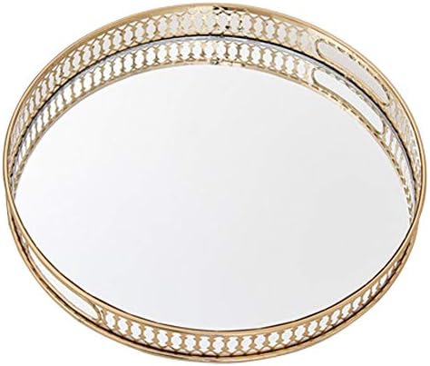 Vintage Gold Mirror Tray,Round Shape(12.6in) Ornate Geometric Brass Plated and Glass Display Storage Organizer,Jewelry P