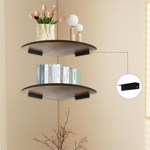 JJL Corner Shelves, 12 Inch Deep Corner Shelf Wall Mounted with Wire Hole, 4 Tier Circular arc Corner Hanging Shelving f