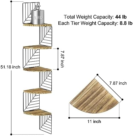 Love-KANKEI Corner Wall Shelf 5 Tier,Solid Wood,51" Tall,Carbonized Black
