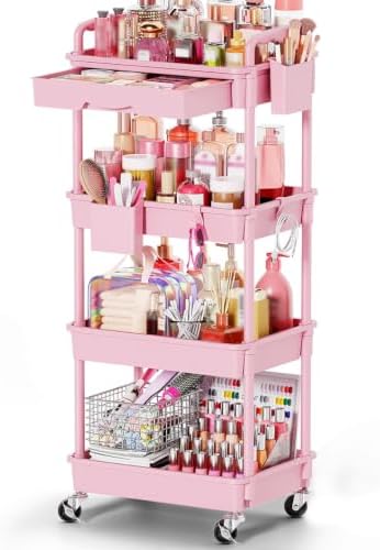 Goovilla Rolling Makeup Organizer Cart with Removable Drawer, 4 Tier Pink
