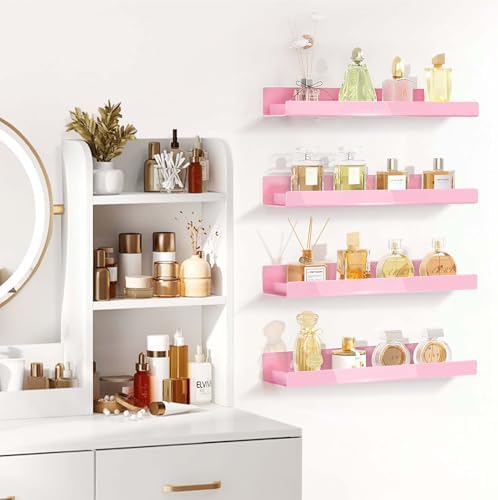 4 Pack 15 Inch Pink Acrylic Floating Wall Shelves, Kids Bookshelf