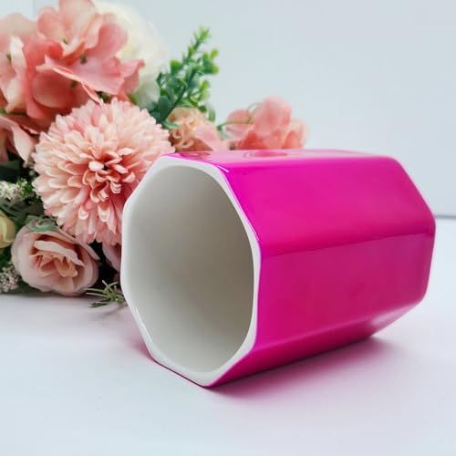 Pen Holder, Makeup Brush Holder Ceramic Shiny Gold Spring Floral Pattern Pencil Cup for Girls Kids Women Durable Stand Desk Organizer Storage Gift for Office, Classroom, Home (Hot Pink)