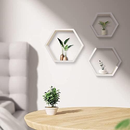 ROSE BLOOM Set of 3 White Wood Hexagon Shelves for Wall Decor - Farmhouse Honeycomb Shelves for Living Room Decor, Kitch