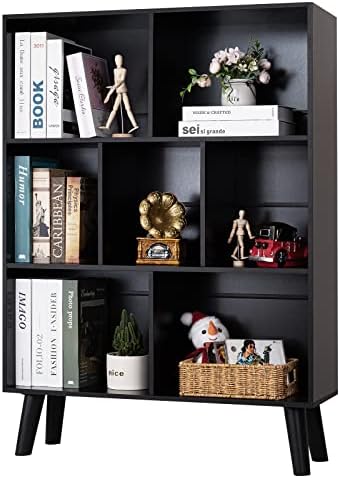 YAHARBO Black Bookshelf,3 Tier Modern Bookcase with Legs,Bookshelves Wood Storage Shelf, Open Book Shelves Cube Organize