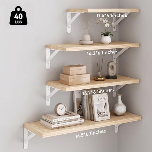 YGEOMER 4 Different Sizes Floating Shelves for Wall Decor, Natural Wood