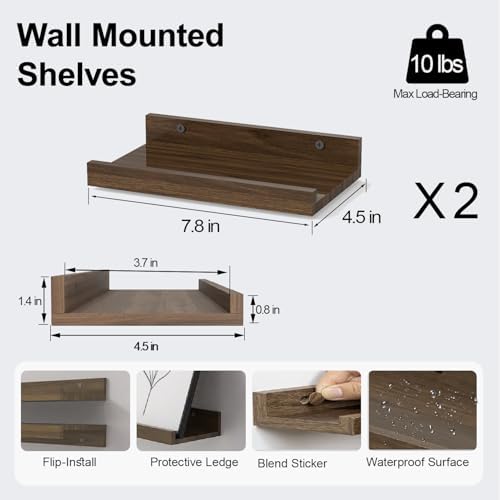 Small Walnut Floating Shelves for Wall, 8 in Shelf with Lip Set of 2