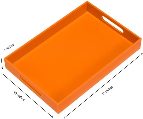 KEVLANG Orange Sturdy Acrylic Serving Tray with Handles-10x15Inch-Serving Coffee,Food,Breakfast,Butler-Kitchen Countertop Tray-Makeup Drawer Organizer-Vanity Table,Ottoman Tray-Decorative Tray