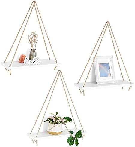 Mkono Wood Hanging Shelves for Wall Boho Decor Swing Rope Rustic Floating Shelf, Set of 3 Wall Display Shelving Home Org
