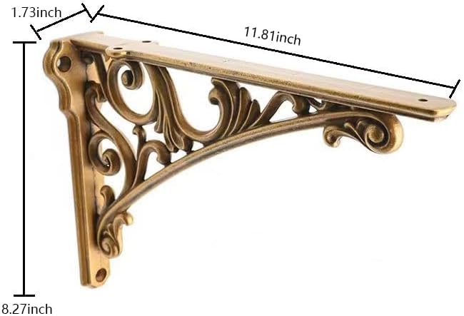 Decorative Shelf Bracket 12 inch Antique Brass Brackets for Shelving Solid Heavy Duty Vintage DIY Projects Hardware Incl