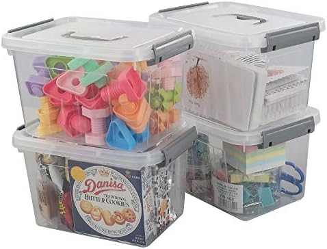 Jekiyo Clear Plastic Storage Bin, 6 Quart Latching Box with Lid, 4 Packs