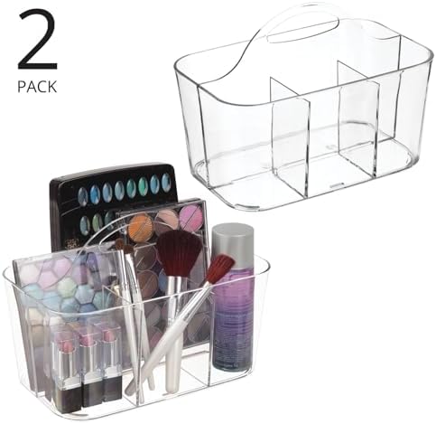 mDesign Plastic Makeup Storage Organizer Caddy Tote, Divided Basket Bin, Handle for Bathroom, Hold Eyeshadow Palettes, N