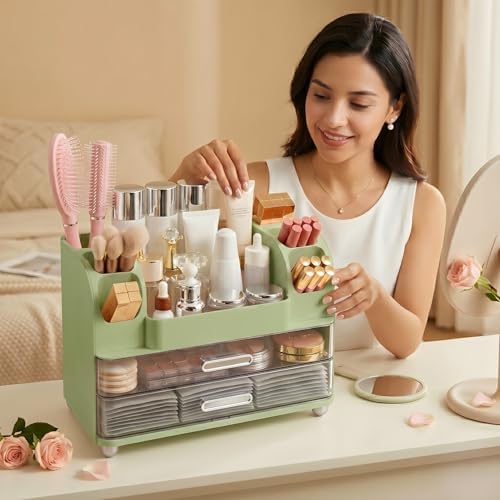 Makeup Organizer for Vanity with 2 Large Drawers and 6 Brush Holders, Green