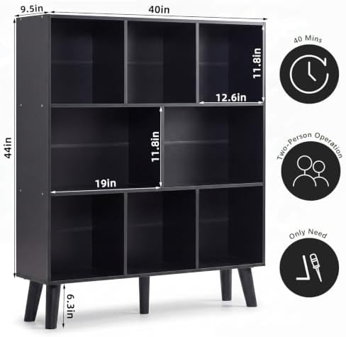 YAHARBO 8 Cube Bookshelf,3 Tier Bookcase with Legs,Black Mid-Century Modern Bookshelves,Large Free Standing Open Storage