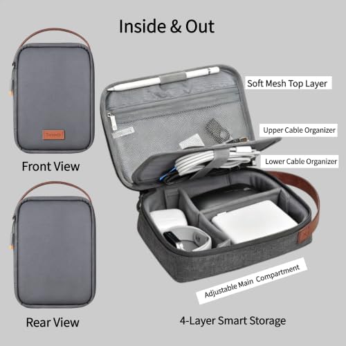 Tech Pouch 8.3" Cable Organizer, Leather Handle, EDC Bag for Travel & Cords