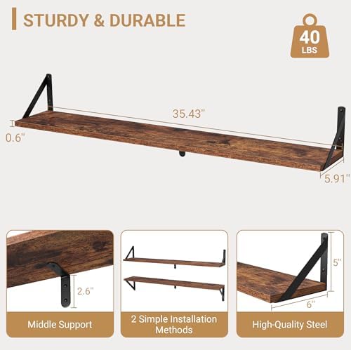 Heimlove Floating Shelves for Wall, 36 Inch Long Wood Floating Bookshelf Set of 3, Wall Mounted Hanging Shelf for Bathro