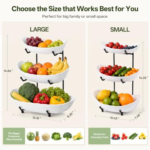 HBlife 3 Tier Large Fruit Bowl, Ceramic Fruit Basket for Kitchen Counter