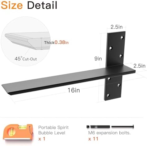 LEOPO 3/8" Thick Free Hanging T Shelf Bracket(2-Pack), 16" L x 2.5" W