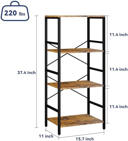 Whitmor 4 Tier Bookshelf - Small Book Shelf Industrial Bookcase, Metal Book Case Book Storage Organizer for CD/Movie/Boo