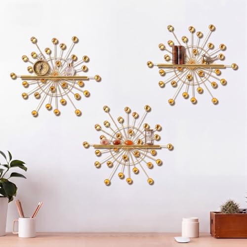 Yaocom 3 Pcs Crystal Floating Shelves, Bling Sparkle Metal Starburst Wall Decor Shelves, Gold Folding Wall Mounted Stora