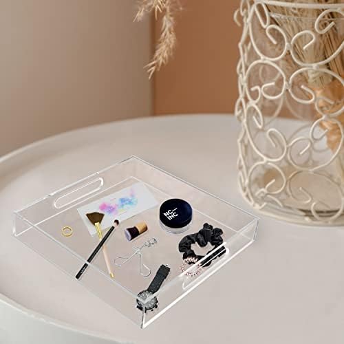 Acrylic Serving Tray (12x12x2Inch) with Handles -Spill Proof- Clear Decorative Tray for Appetizer,Breakfast -Countertop 