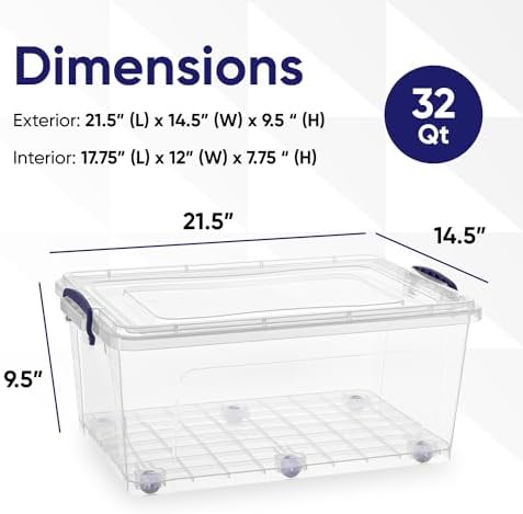 Superio Storage Containers With Wheels (3 Pack), Stackable Large Storage Containers With Lids, Durable Latches (32 Qt)