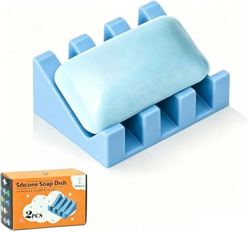 Self Draining Silicone Soap Dish Holder Waterfall Tray, 1 Pack Sky Blue